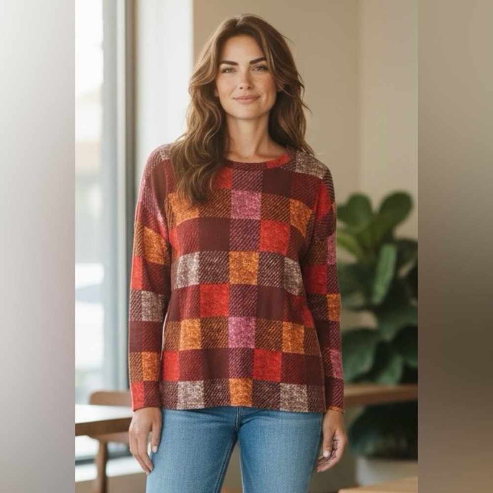 Haptics Autumn Embers Checker Plaid Long Sleeve Top